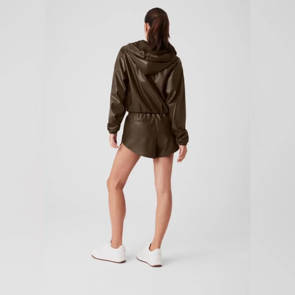 ALO Yoga Olive Green Faux-Leather Hooded Utility Jacket